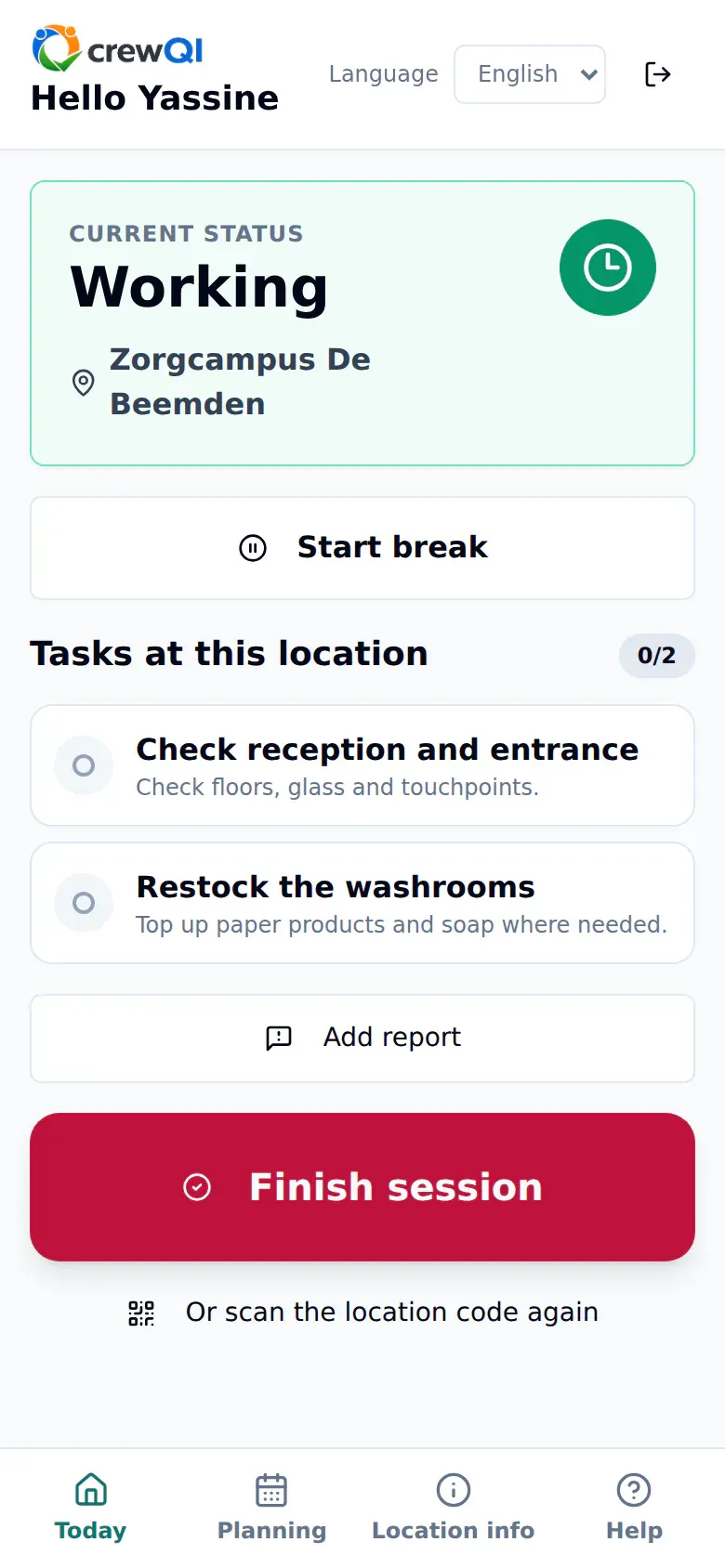 English crewQI employee screen showing Yassine El Amrani in an active work session at Zorgcampus De Beemden, with a task and pause and finish controls.