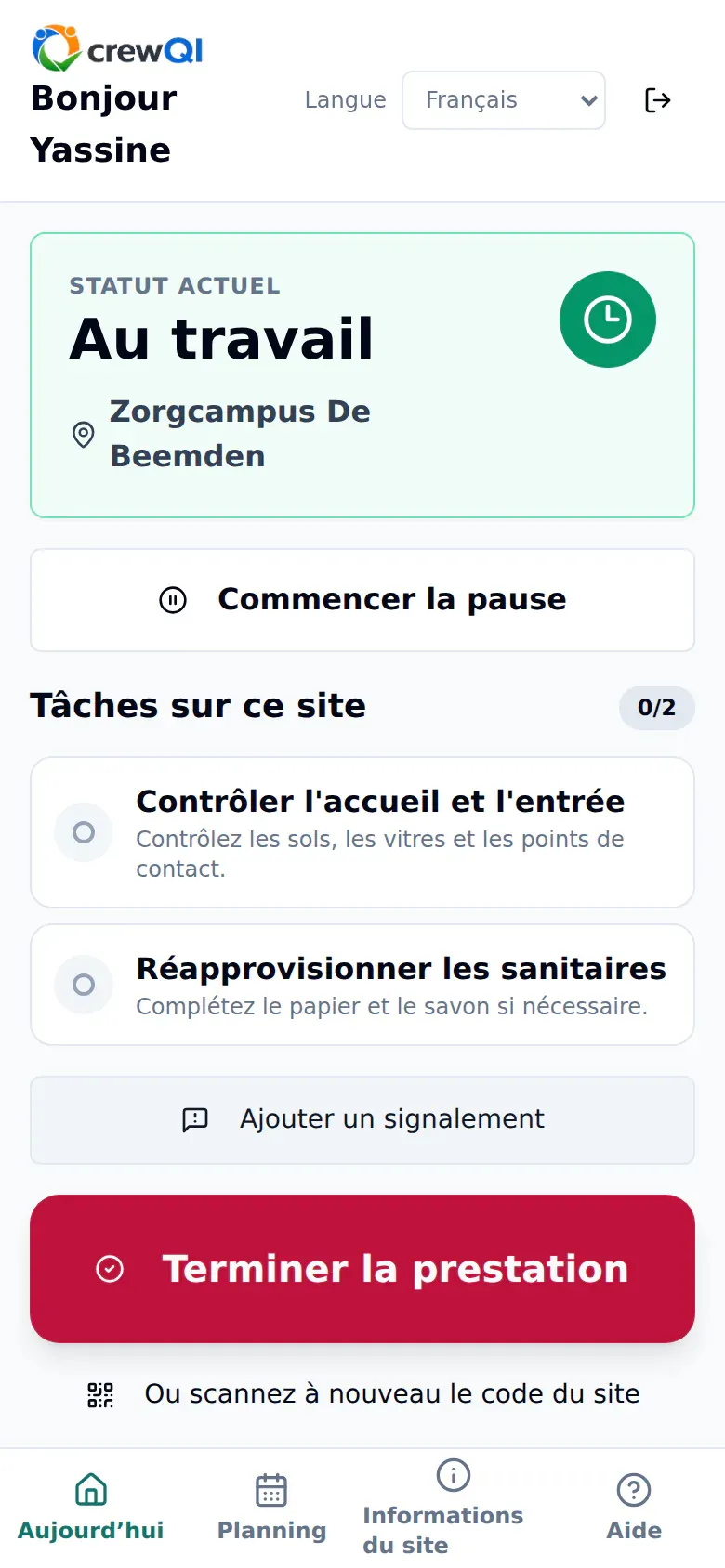 Écran collaborateur crewQI en français avec une prestation active de Yassine El Amrani sur le site Zorgcampus De Beemden, une tâche et les actions de pause et de fin.