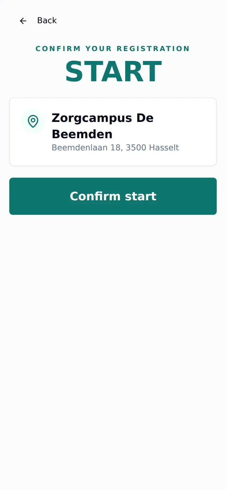 English crewQI confirmation screen for starting at Zorgcampus De Beemden with a synthetic address.
