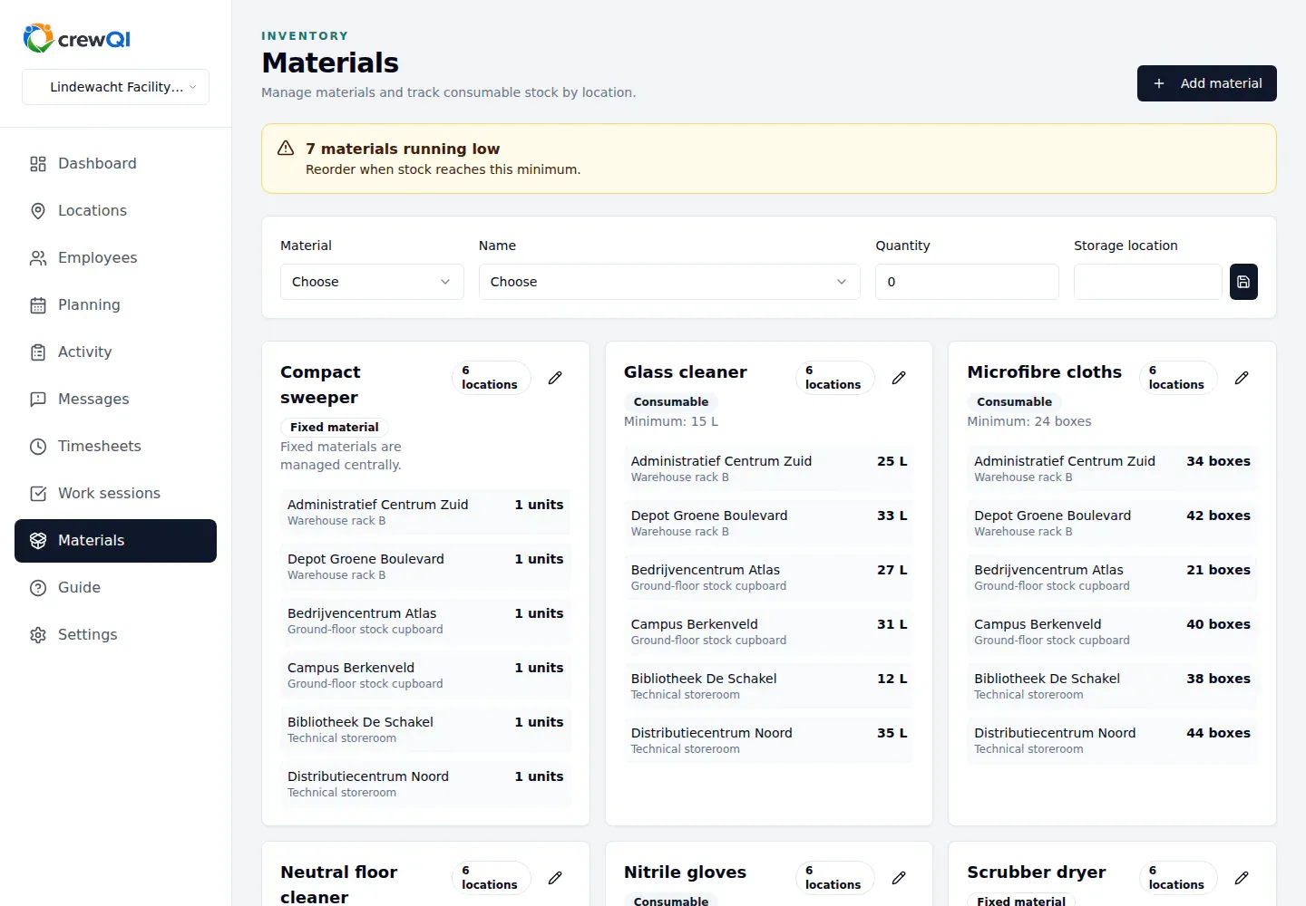 English crewQI materials screen with synthetic stock across several locations and a low-stock alert.